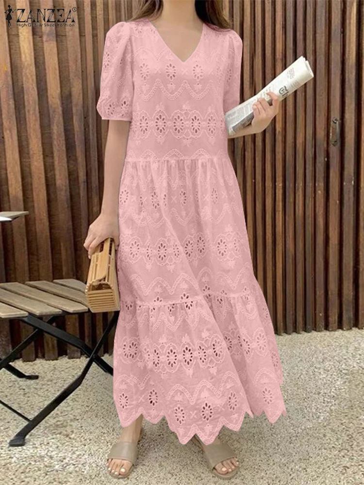 ZANZEA Frauen Spitze Rüschen Saum Vestidos Casual Lose Feste Maxi Kleider Mode V-ausschnitt Puff Sleeve Robe 2025, Sommer Baumwolle Kleid