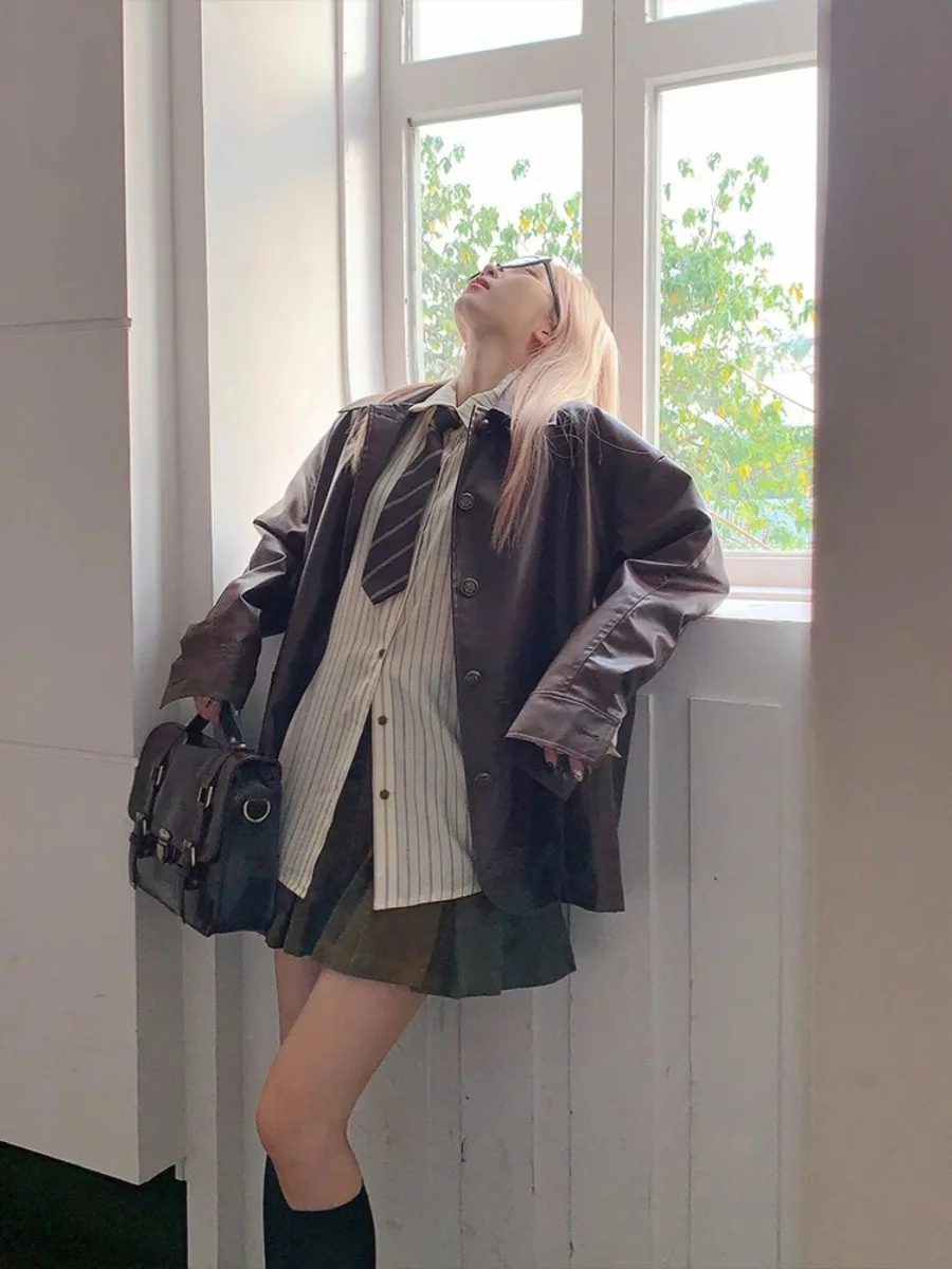 Bruin PU-leer Jaet Dames Casual Bovenkleding Lente Herfst 2024 Nieuwe middellange losse pasvorm Kraag Lange Sve-jas