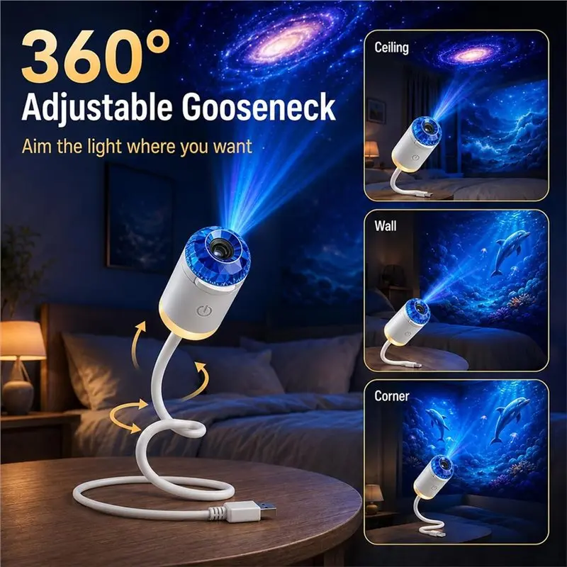 ABJF-Dynamic 5D Holographic Night Light Projector Voice Control 2-In-1 Galaxy Projector For Bedroom 360 Rotating 5 Films