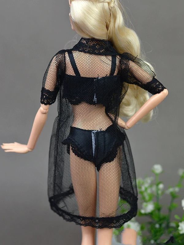 Acessórios para bonecas, pijama sexy preto, lingerie, roupa de dormir, casaco longo de renda, roupa noturna + sutiã + roupa íntima para boneca barbie