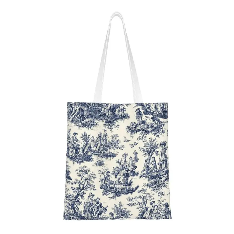 Custom NOMADES Artsy Vintage Toile De Jouy Grocery Shopping Tote Bag Women Navy And White Canvas Shoulder Shopper Bags Handbags