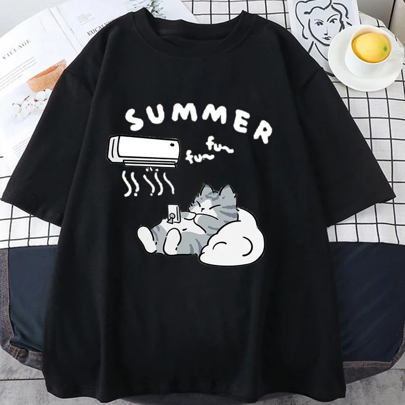 جديد لطيف القط متعة طباعة تي شيرتات قصيرة الاكمام المرأة الرجال الصيف فضفاض عادية نصف كم لينة أسفل حجم كبير قميص أعلى