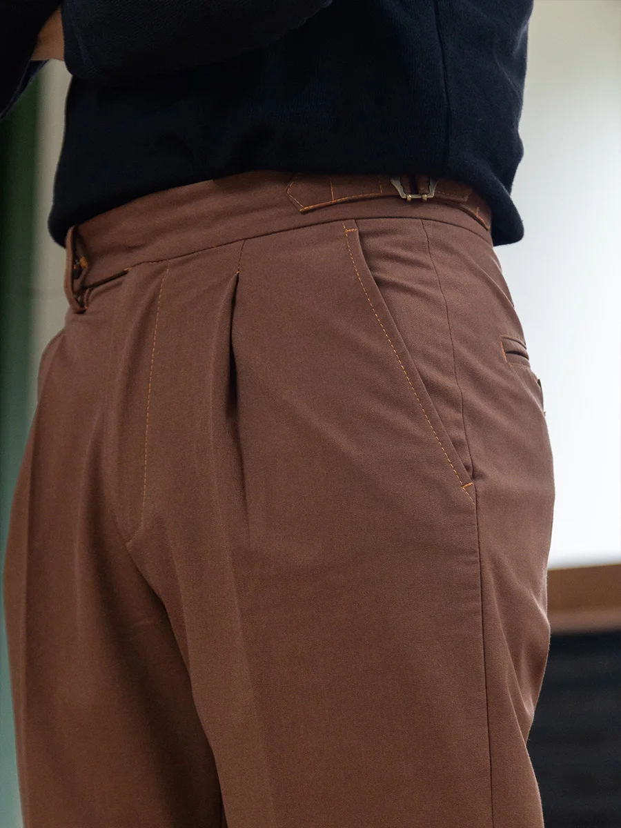 

Inca Brown Men's Casual Trousers Paris Buckle Adjustment Relaxed Straight-Leg Draping Cropped Pants Non-Iron, Colorfast