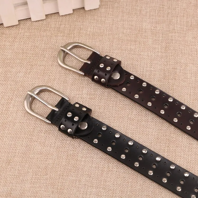 Genuine Leather Vintage Waist Belt Infinite-Hole Pin-Buckle Punk Rivet/Studded for Unisex Jeans Pants