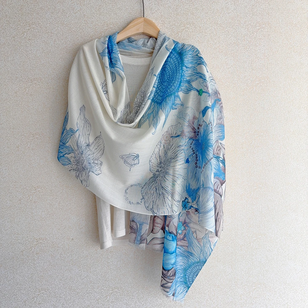 

Blue Wool Shawl Scarf 100% Wool Long Thin 190x70cm Fleece Scarf Chinese Style Head Scarf Warm Luxury Goods Neck Scarf Turban