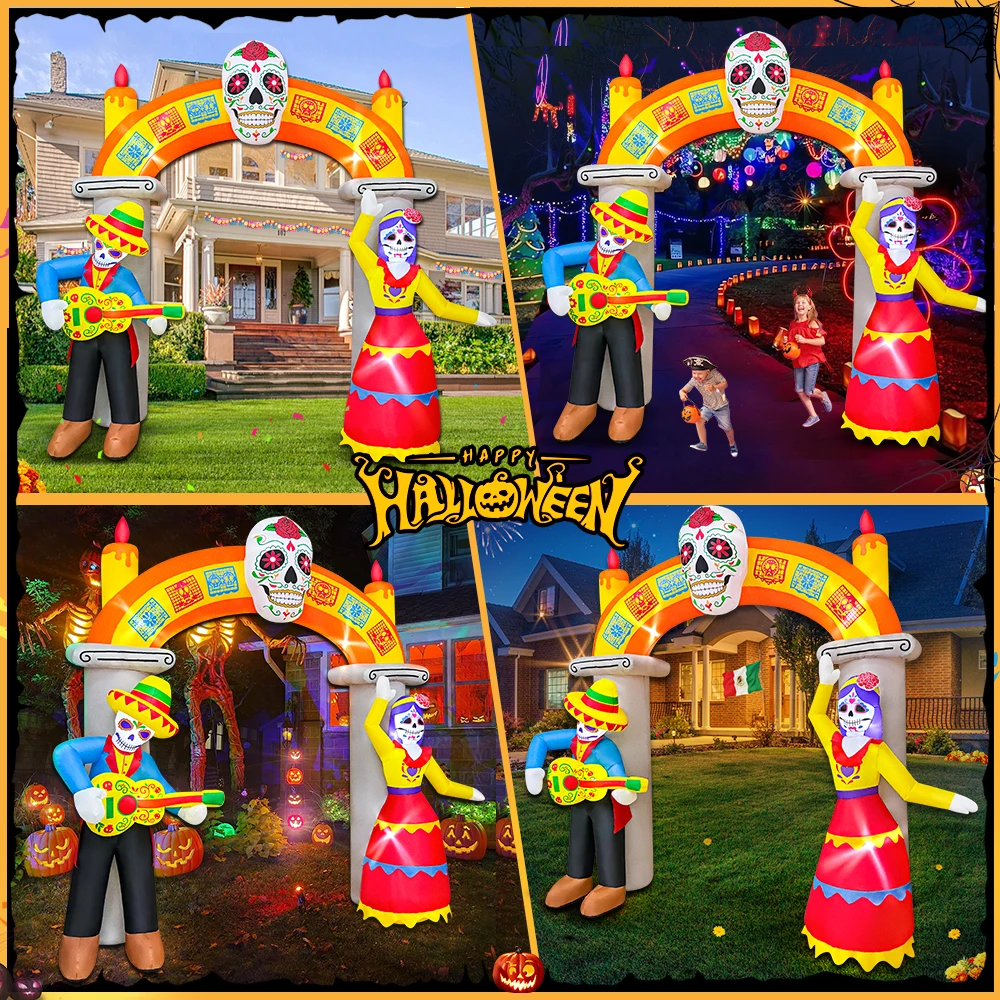 KOOY 9 Ft Day of The Dead Halloween Inflatables Archway Dia De Los Muertos Decorations Inflatable Arch with Skull Skeleton LED L