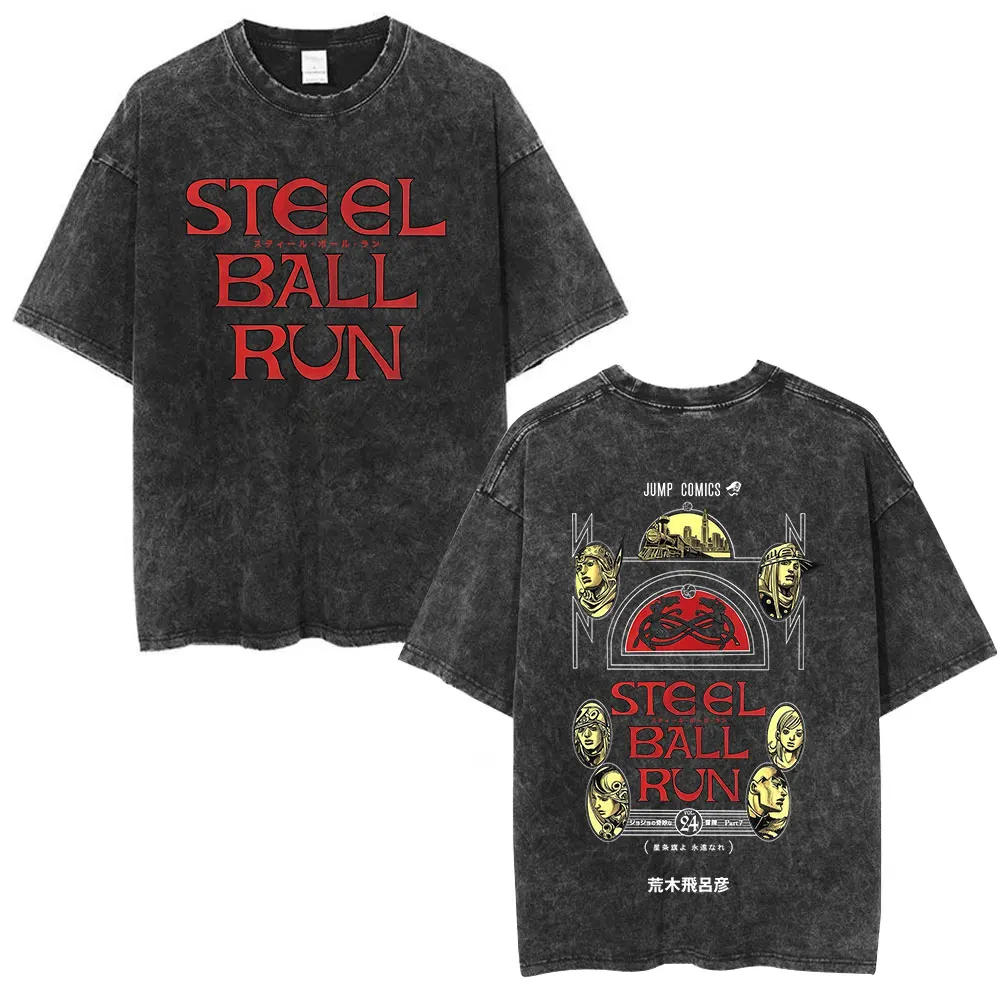 Anime Jojo Bizarre Adventure STEEL BALL RUN Vintage Acid Washed T Shirt Men Women Cotton Casual Short Sleeves T-shirt Streetwear
