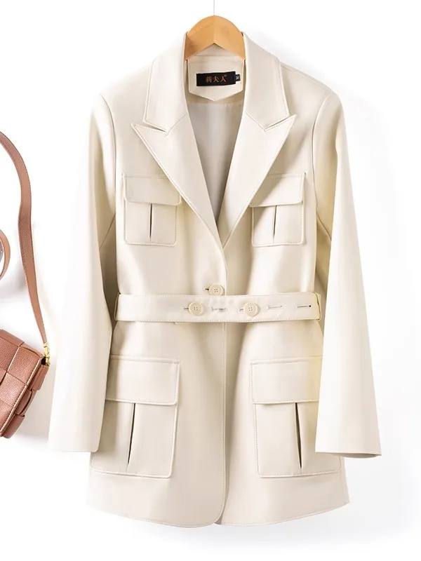 Primavera Autunno 2025 Nuovo Cappotto Haifeng in Vera Pelle di Pecora, Giacca a Vento Femminile di Media Lunghezza con Cintura alla Moda