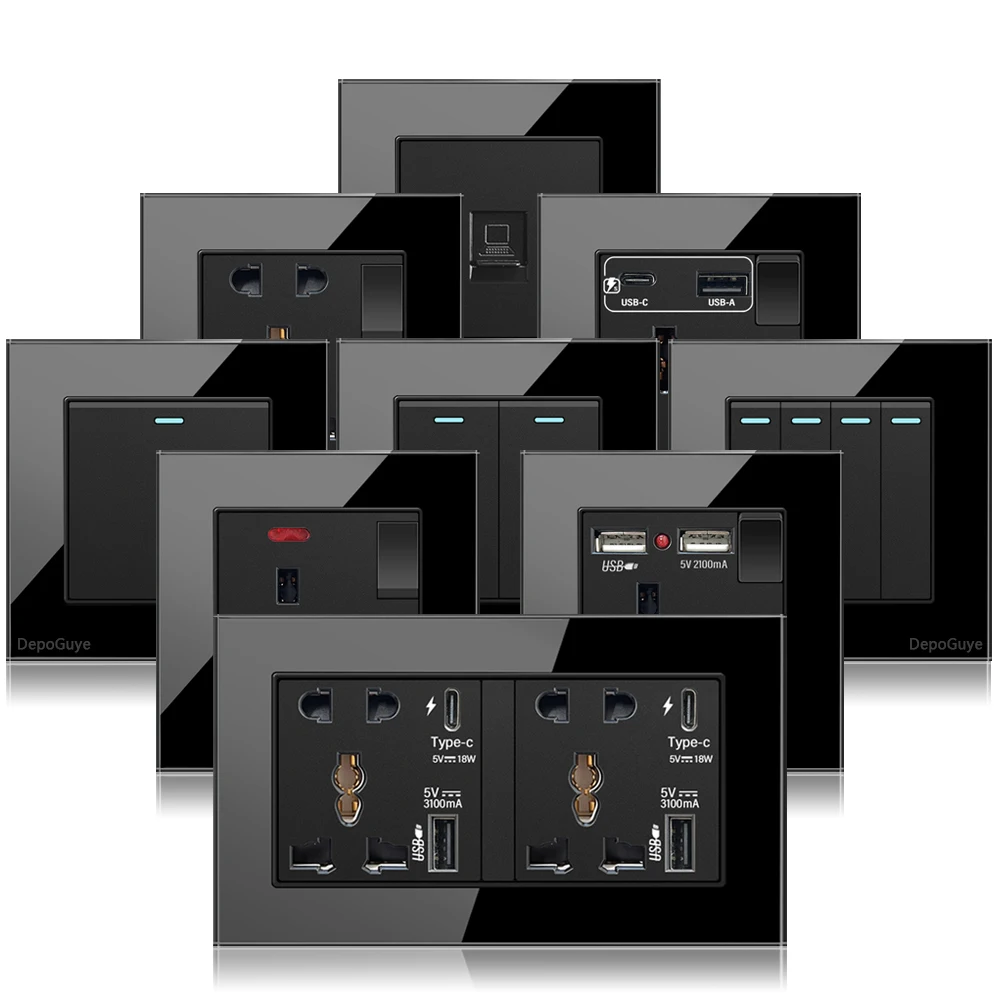 

Black UK 13A Wall Socket with USB C 18W Quick Charge Plug Socket,Wall power outlet with USB port,1-4Gang Wall Light Switch Panel