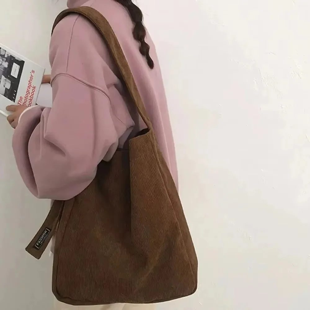 Fashion Women Corduroy Shoulder Bags Soft Handbags Tote Bags Girls Students Commuter Single Shoulder Large Capacity Bags