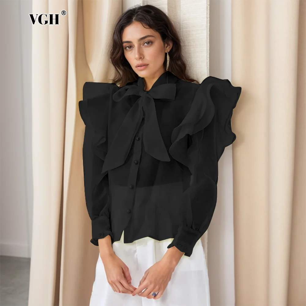 

VGH Solid Patchwork Bowknot Slimming Blouses For Women Stand Collar Lantern Sleeve Minimalist Casual Short Shirts Female Style