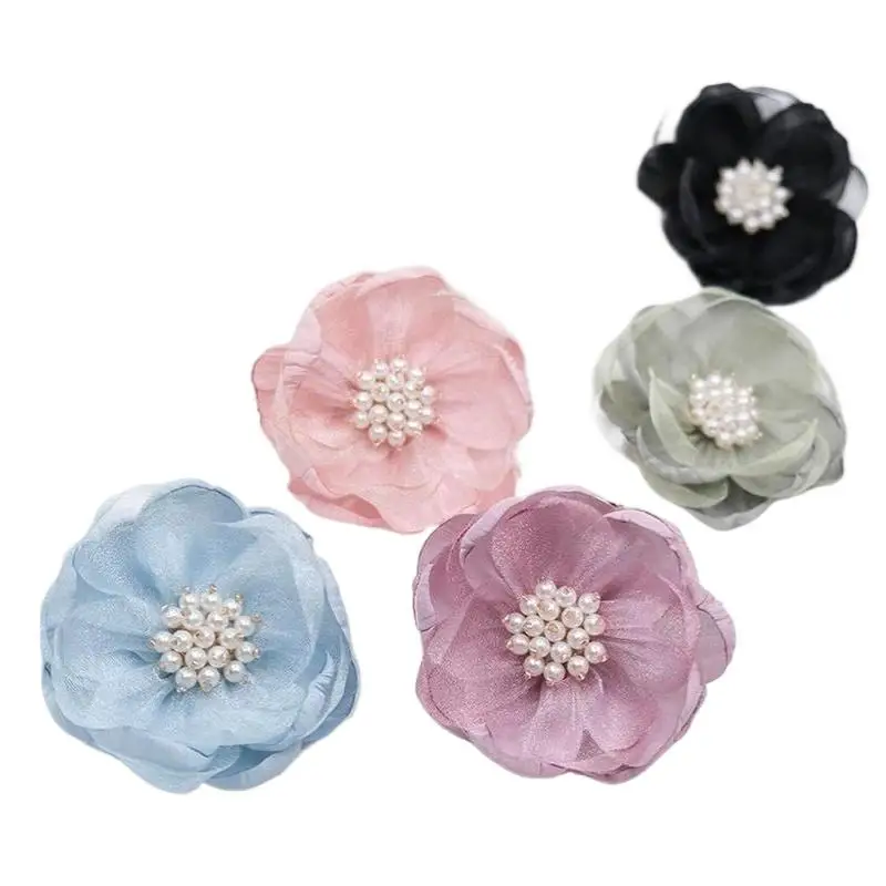 5 Stücke Nähstoff 3D Chiffonblume Chiffonperlen Zentrum Künstliche Blume Schuhdekoration Gebrannter Rand DIY Nähapplikation – Detail 7