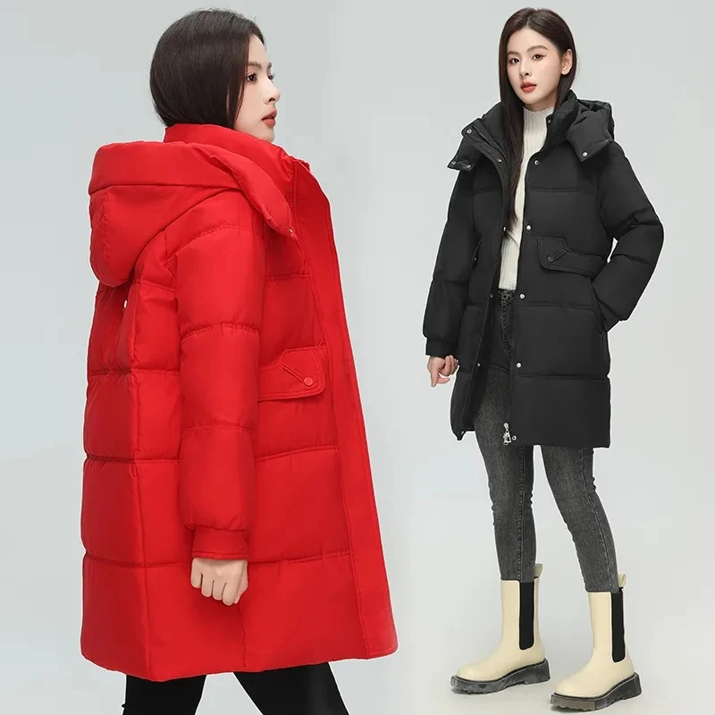 New Fashion Cotton-padded  Feminine Temperament Long Warm Loose Large Size Students Big Red Cotton-padded  Tooling.