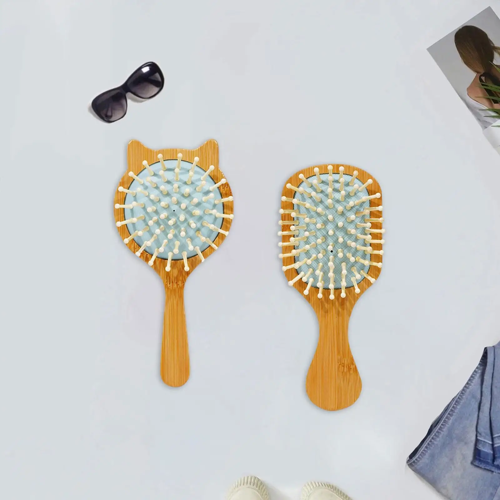 طقم فرش خيزران مدمجة للنساء ، مشط للشعر ، مقبض مريح ، مقاس سفر ، هدية صالون الطفل ، تدليك منزلي ، 2