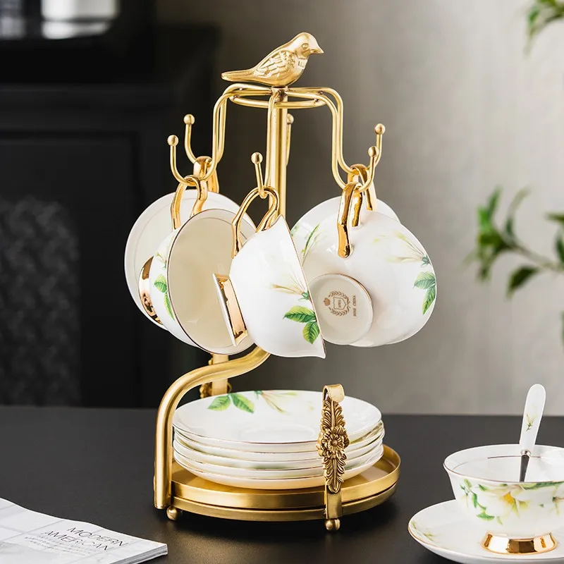 Golden Bird Coffee Cup Holder European-style Gold-plated Tea Set Storage Shelf Wrought Iron Water Cup Hanger Metal Fruit Plate