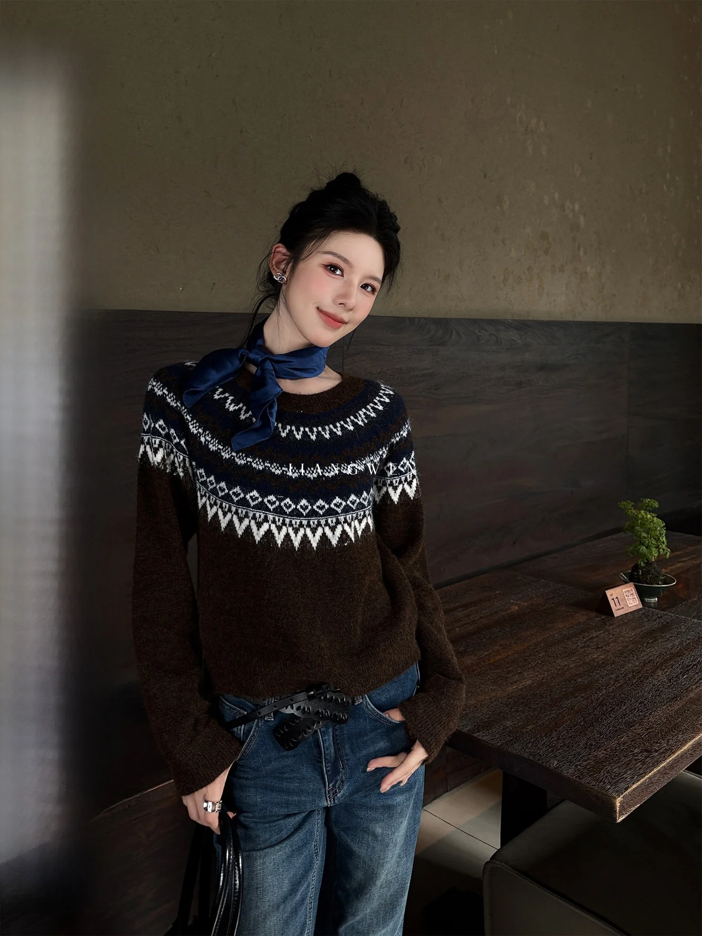 

Вязаный шерстяной свитер Qingwen Nordic Sle Fair Isle с круглым вырезом, мягкий, винтажный, для ношения под одеждой, женский, модный, осенне-зимний топ