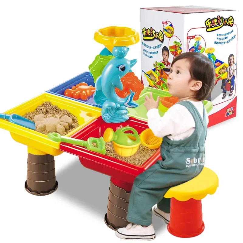 

[Funny] 4 Player Kids Summer Outdoor Beach Sandpit Toy Sand Bucket Water Wheel Table Play Set play water play sand education Toy