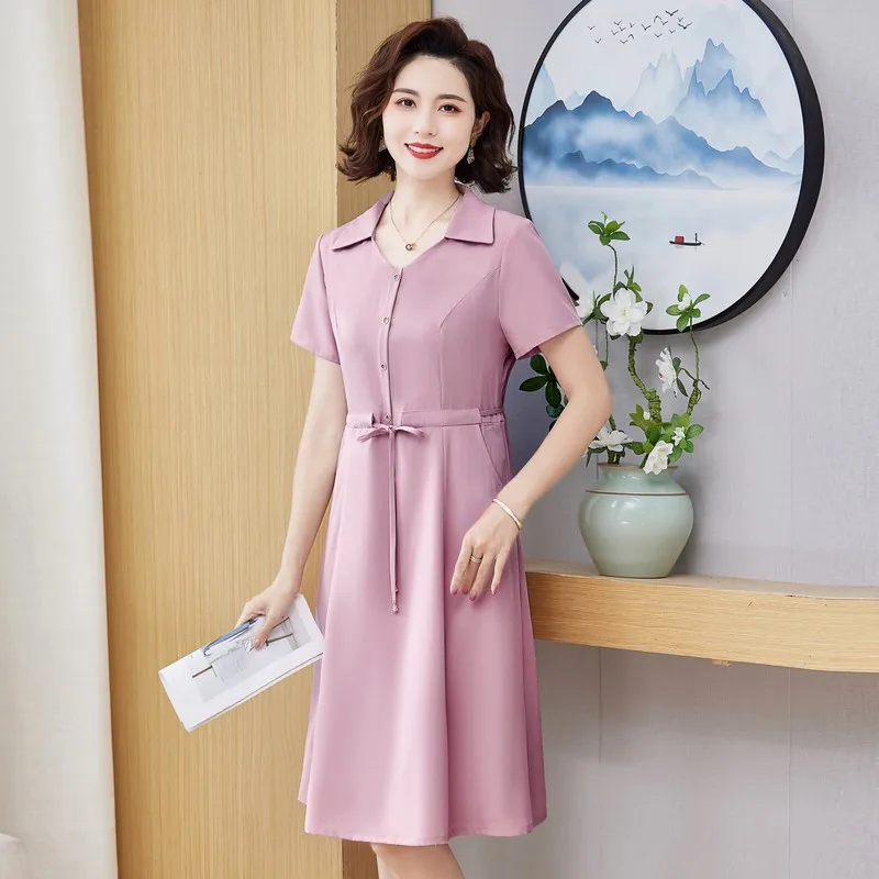 Summer Fashion Solid Shirt Dress coulisse in vita prendisole abiti eleganti Work Vestido A Line Holiday Robe Female