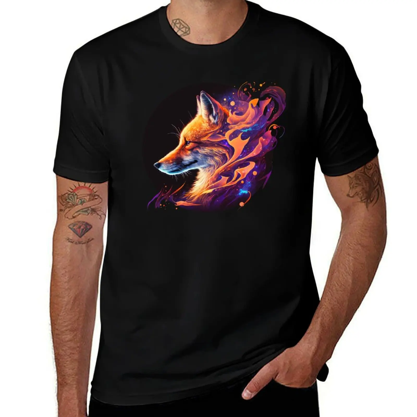 Glowing Fox with Abstract Neon Swirls T-Shirt Basic Casual Short Sleeve Cotton Shirt