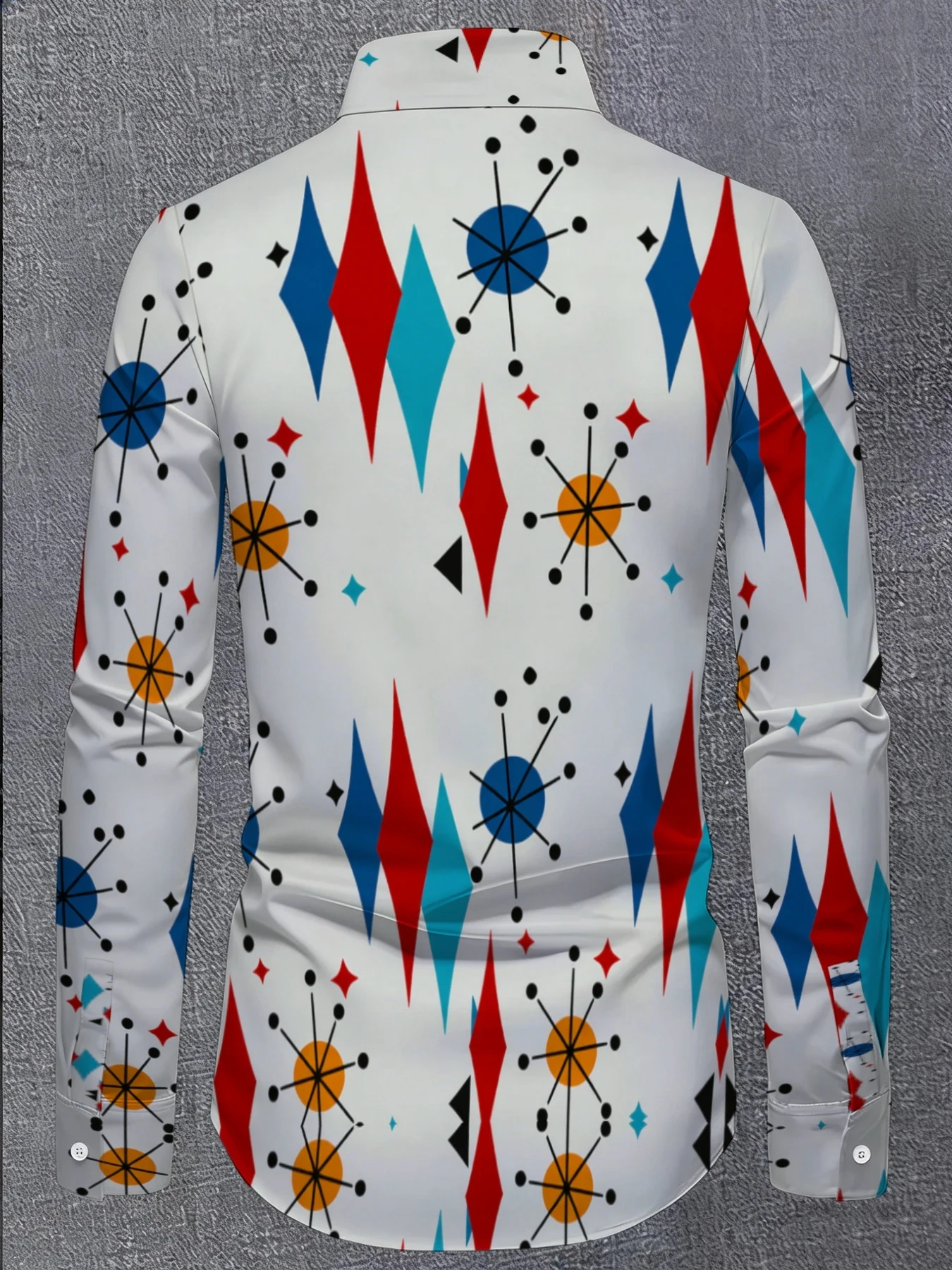 Mid Century Style Men Lapel Collar Shirt White Base Colorful Atomic Diamond Print Polyester Long-Sleeve Blouse