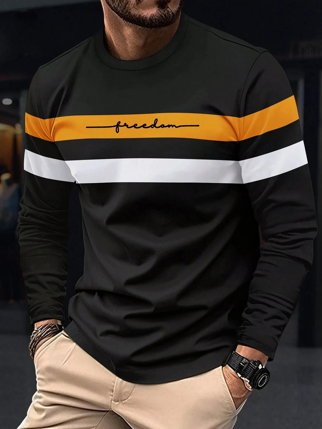 2025 Autumn Men's T-shirt Clothing Fashion Oversized Crew Neck Long Sleeve T Shirt Top Simple casual stripe T-shirts For Men