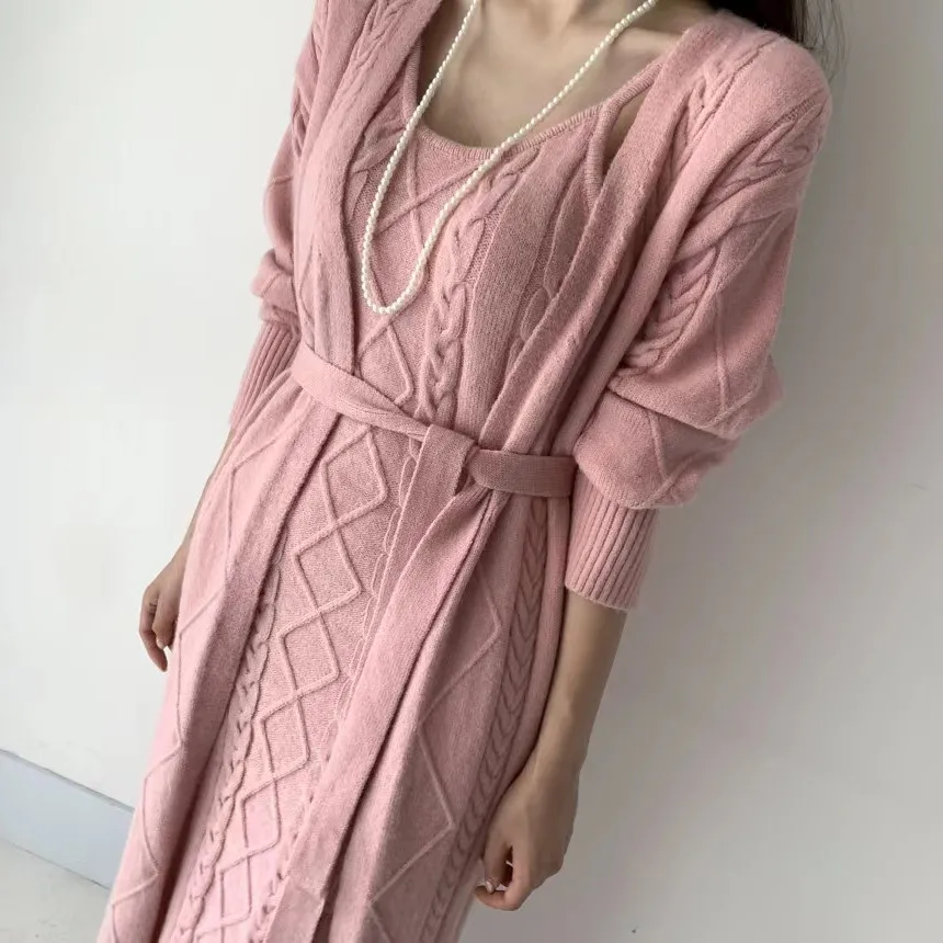 Winter Women Knitted 2 Pieces Set Casual Long Coat Dress Solid Long Sleeve Sweater Coat +Knitted Dress 2PCS Suits Women Warm Set