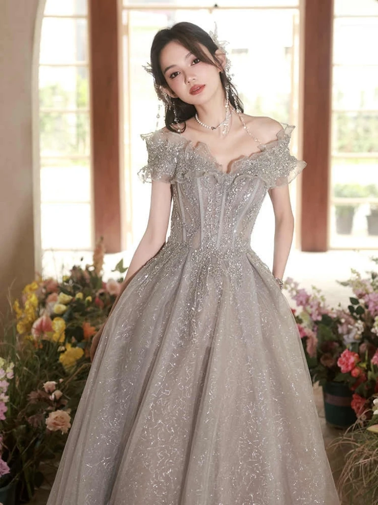 

Luxury Silvery Evening Dress Shiny Off The Shoulder Sleeveless Sequin Glitter Cocktail Host Party Graduation Prom Ball Gowns