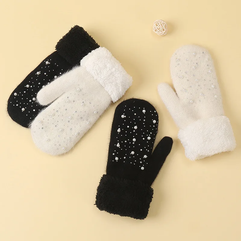 KayCrowne Cute Imitation Pearls Gloves for Women Elegant Winter Warm Young Student Thicken Velvet Acrylic Knitted Glove Mittens