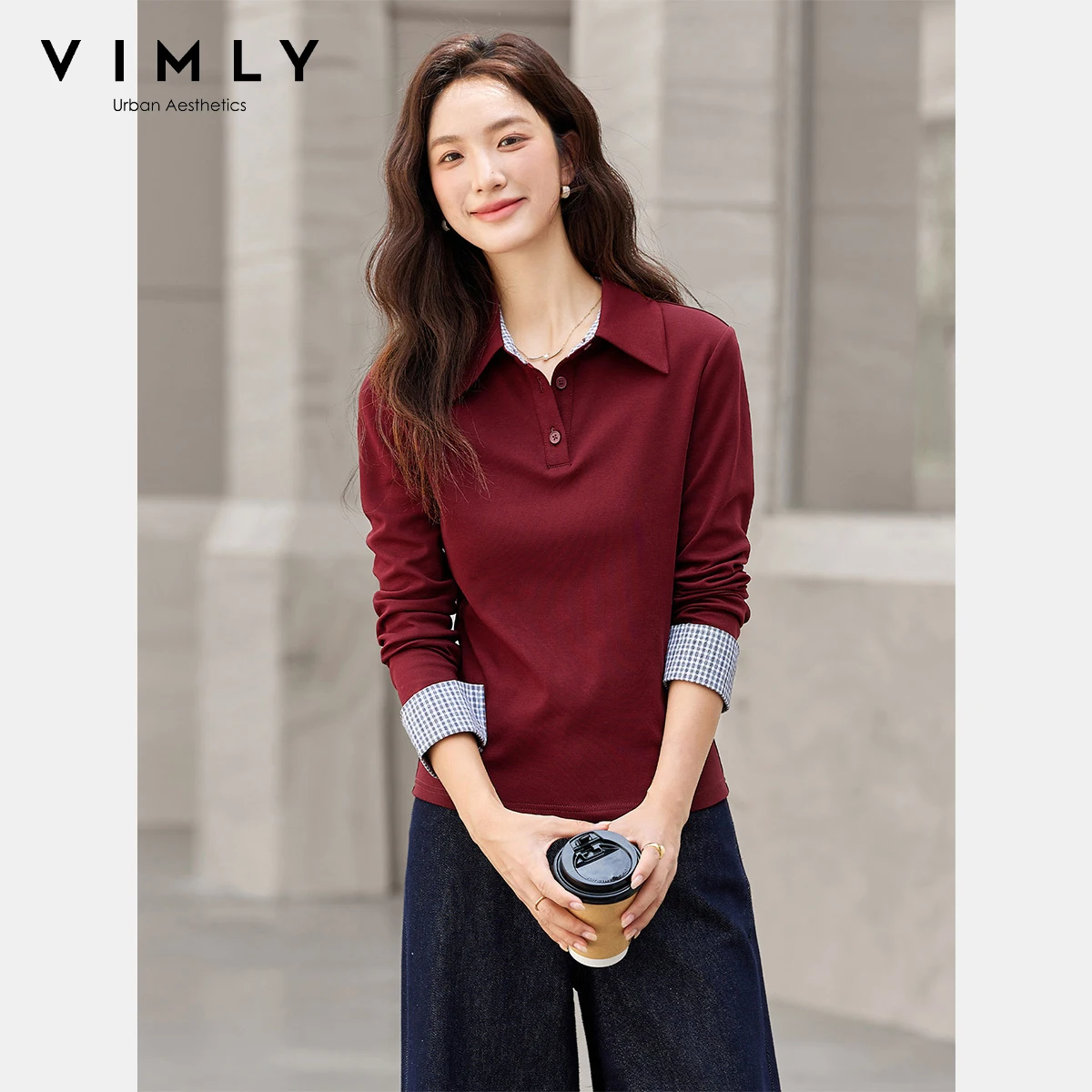 

VIMLY трикотажная футболка с длинными рукавами, осень 2021, женские повседневные новые однотонные женские футболки с отложным воротником в клетку и манжетами, женские топы A2105