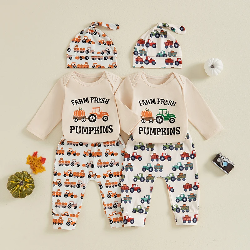 

Suefunskry 3-Piece Baby Boys Pants Set Tractor Letter Print Long Sleeve Round Neck Romper Long Trousers Hat Outfits