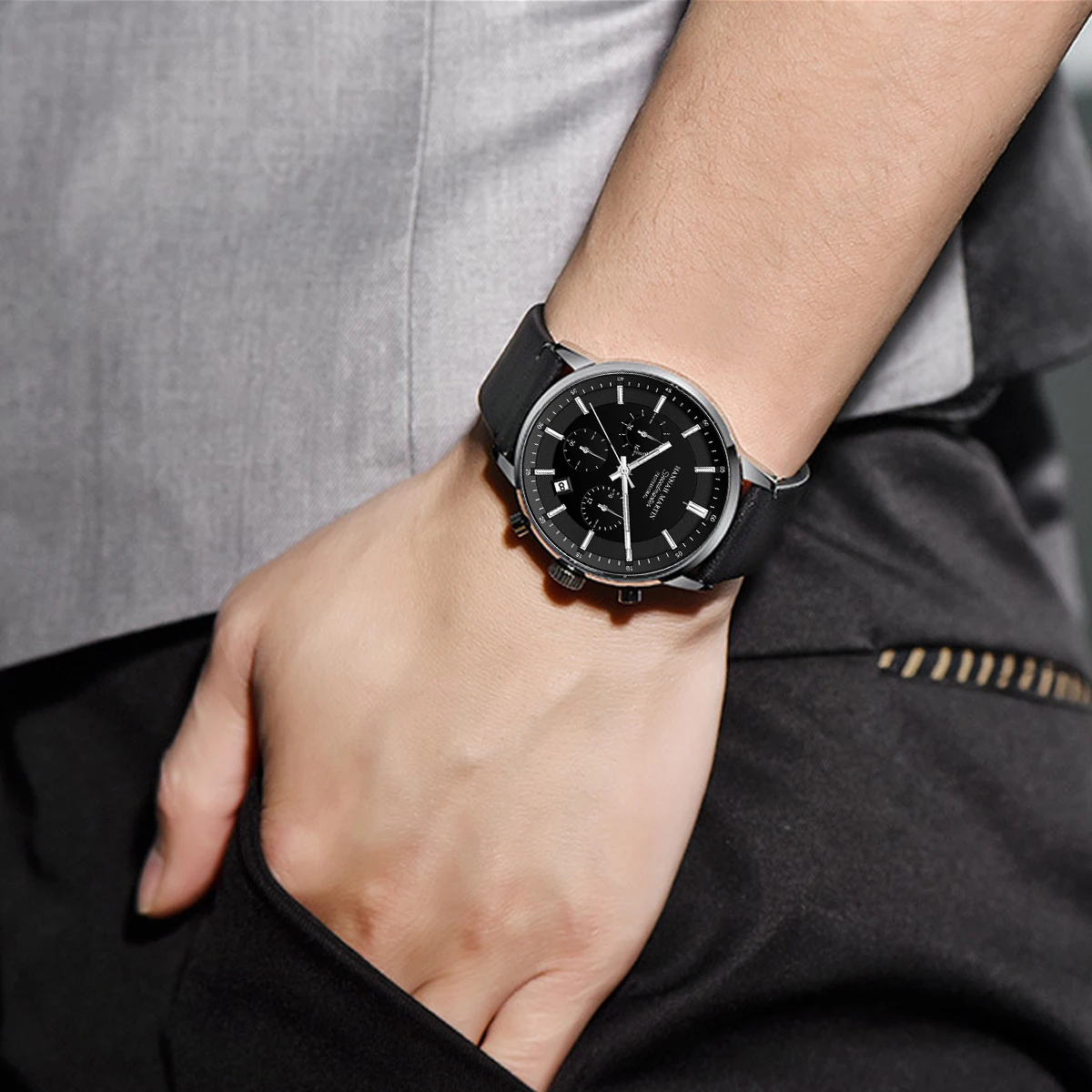 Hannah Martin Men Gift Box Men Watch Black Leather 41mm Business Multifunctional Timing Clock Quartz Movement Sports Men Watches - view 5