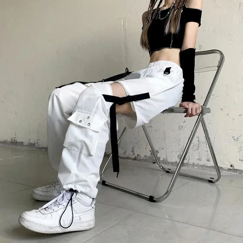 MEXZT Streetwear Women Drawstring Cargo Pants High Waist Spliced Hollow Out Wide Leg Trousers Harajuku Casual Removable Techwear