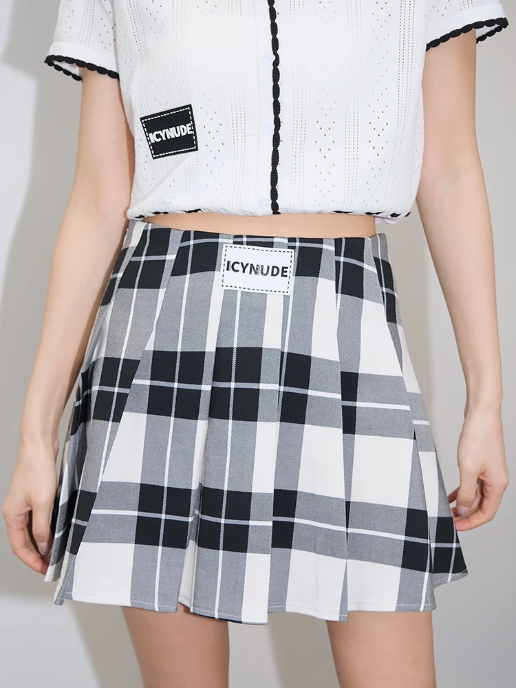 

IcyNude Store Women's A-Line Skirt Plaid High Waist Pleated Slimming Spring Summer Sle Polyester Nylon Fabric