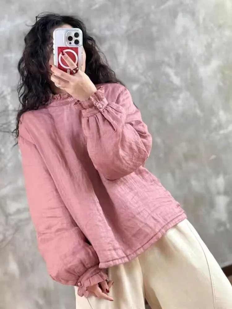 

Lightweight Cotton lin Women's Jaet Floral Trim Overlap Design Warmth Layering Trendy BaoEr Small Batch Coat Coat