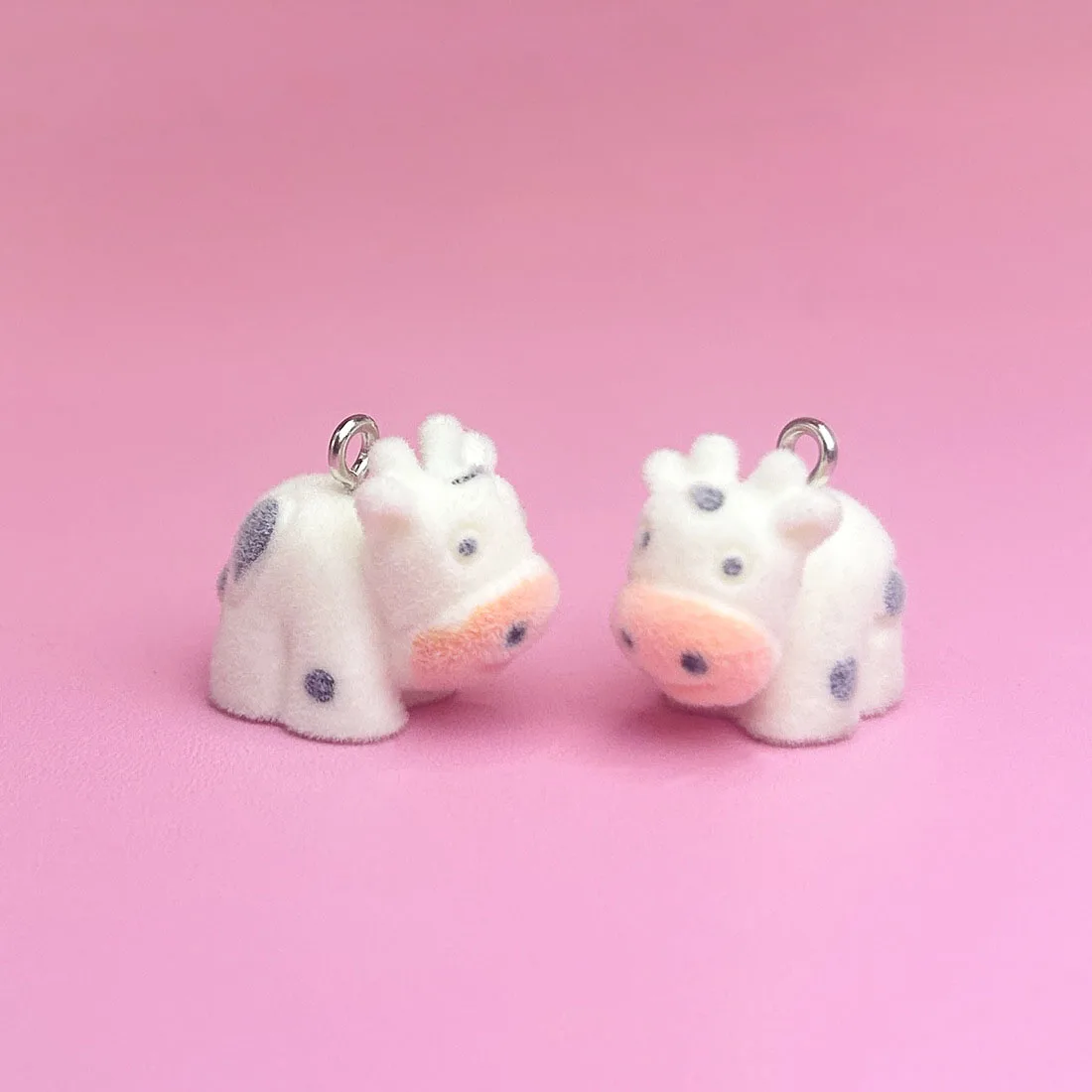 1Pcs Super Cute Flocked Cow Pendants 3D Resin Figurines DIY Handmade Jewelry Charms Keychains Bag Accessories
