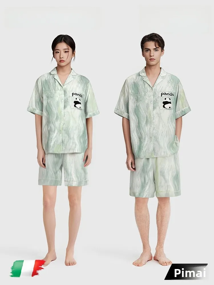 PinkBread Summer Ice Silk Thin Couple Style Home Clothes Set  And Cute Couples Sleepwear Short Sleeve Short Pants