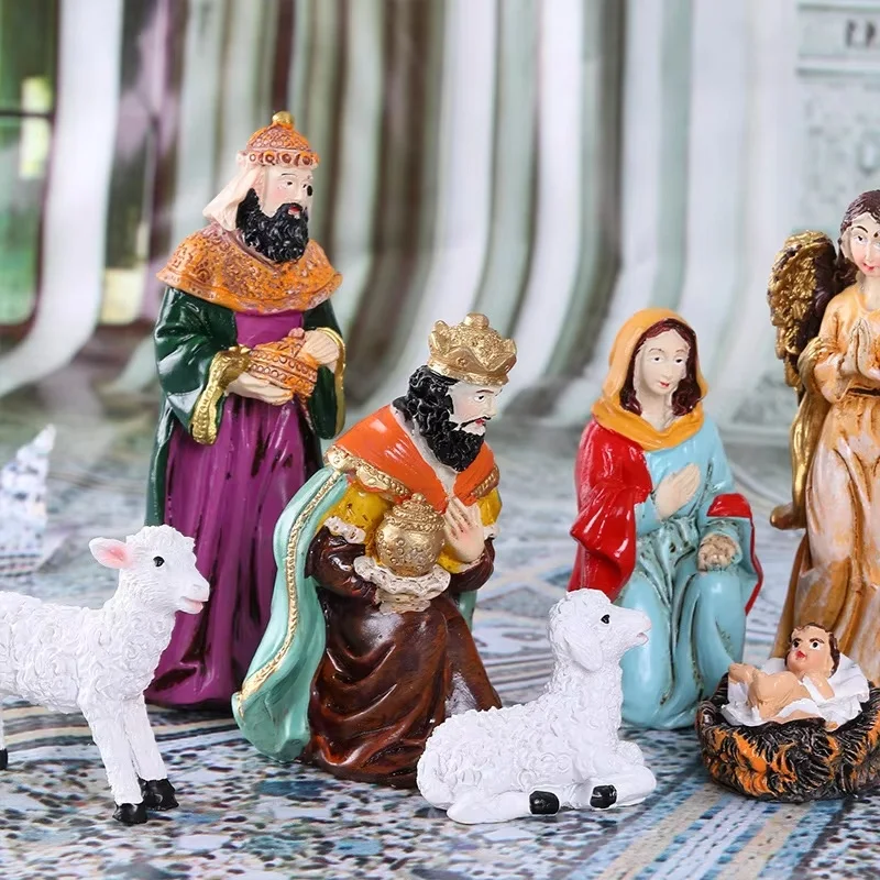 Nativity Christmas Figurines Resin 11 Pieces Nativity Tabletop Scenes Nativity Scene Sets Manger Religious Figurine Holy Gift