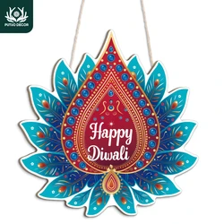 Putuo Decor 1pc Wood Hang Decoration, Wall Decor for Home Living Room Bedroom, The Hindu Festival, Happy Diwali, 9.1x9.1Inches