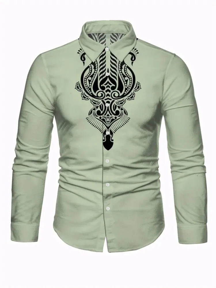 2025 Men's top Men's tribal totem long sleeve sleeve shirt button new shirt casual ethnic wind series men's top
