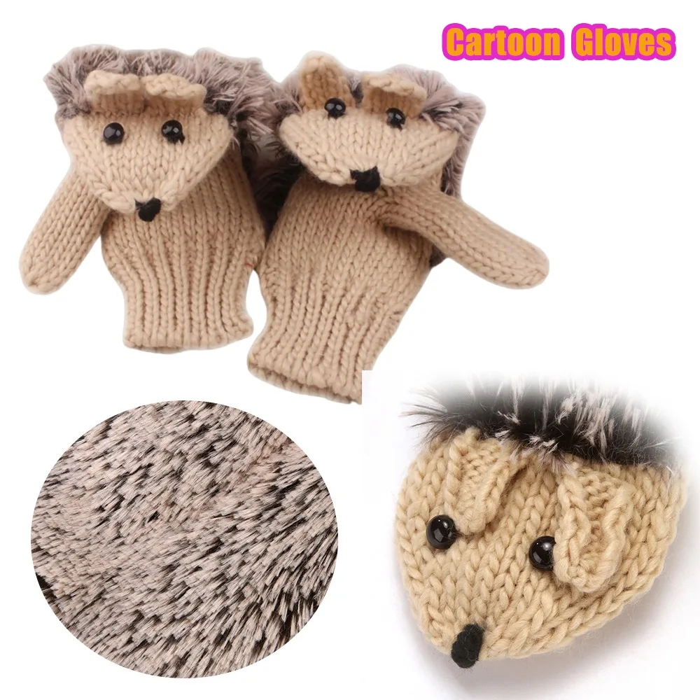 Damen-Strickhandschuhe, Winter, warm, mit Fleece gefüttert, Touchscreen, Cartoon-Igel-Fäustlinge mit rutschfestem Griff als Weihnachtsgeschenk