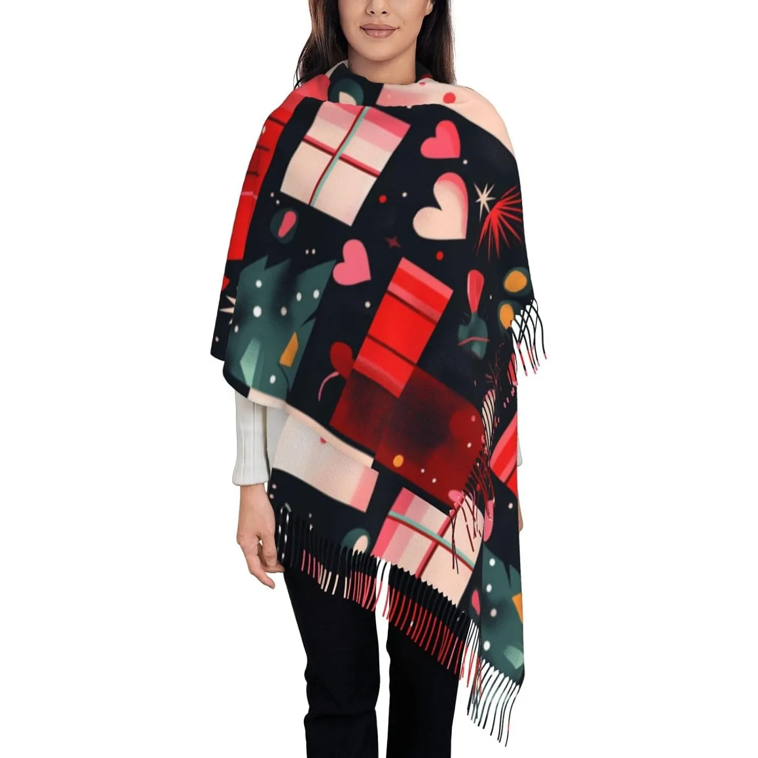 

Рождественский зимний мягкий шарф, женские теплые шали Санта-Клауса, уютный шарф со снеговиком и кисточками, подарки на каждый день, для путешествий, офиса