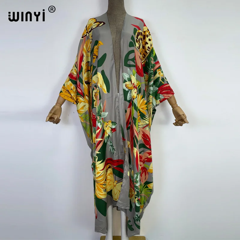 Winyi Afica Boho Print Lange Kimono Jurk Bikini Wrap Cover-Ups Vrouwen Zomerkleding Strandkleding Zwempak Cover Up Kaftan Kimono