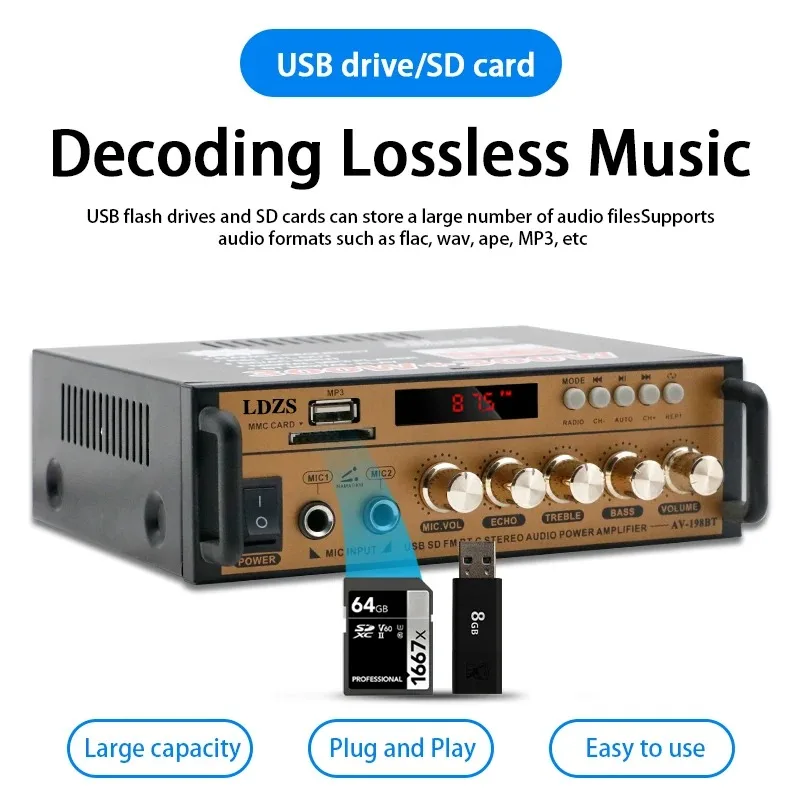 BT-198E Penguat Audio Bluetooth 35W×2/12V DC/220V Input AC/Input Mikrofon USB SD AUX/Amp Daya Saluran Ganda