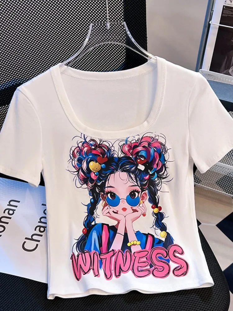 Zomer ort Sve U-Ne T-shirt Dames Puur Katoen Slim Fit ort Lengte Print Top Koreaanse Sle Pendelen Faion