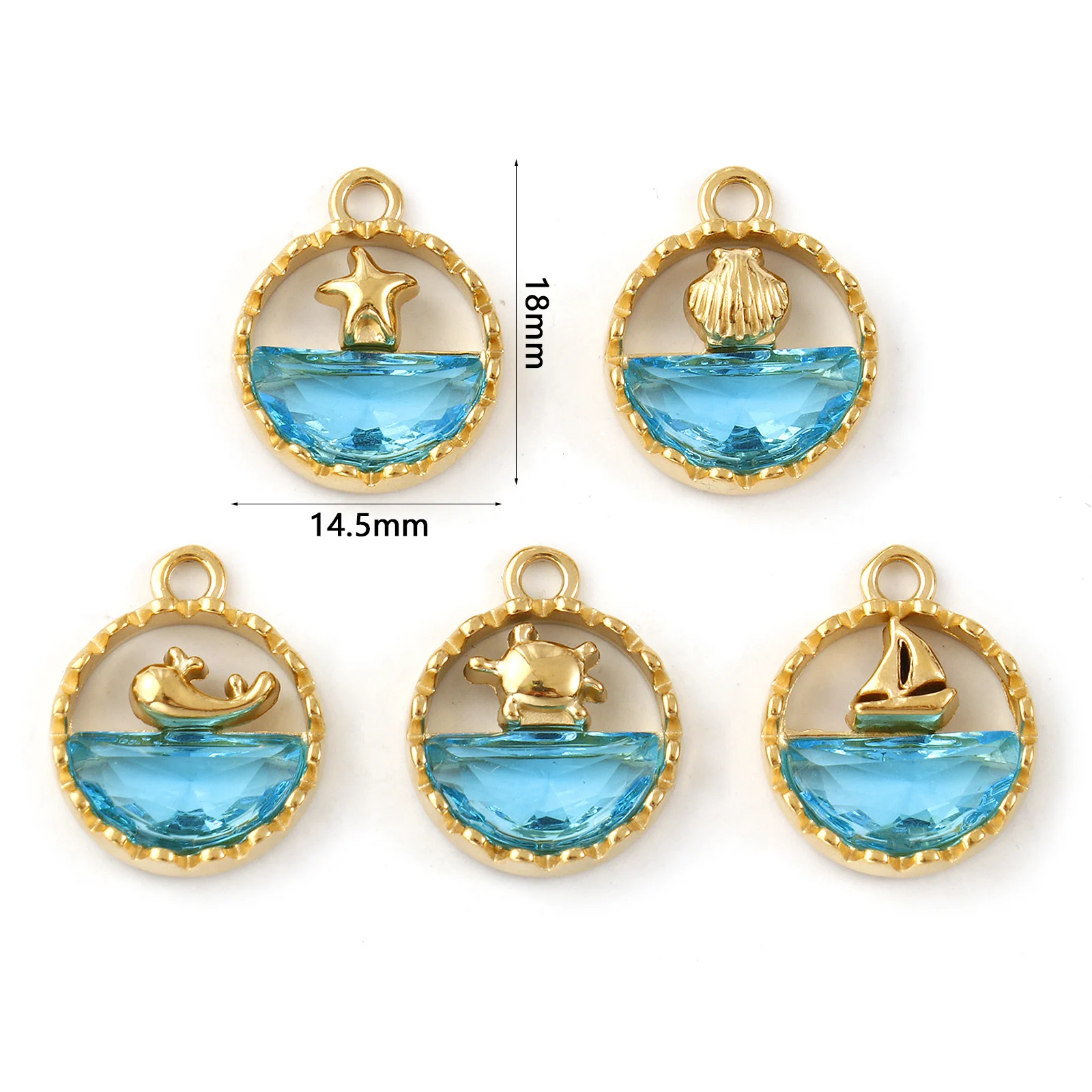 1pc Glass Ocean Sailboat Pendant 304 Stainless Steel 18K Gold Plated Blue Sea Star Charms DIY For Jewelry Making 18mm x 14.5mm