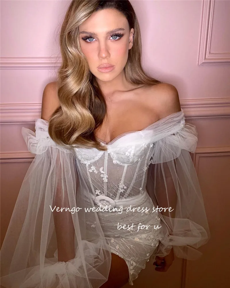 

Verngo Fairy Short Lace Wedding Dresses off the Shoulder Puff Long Sleeves Mini Bridal Gowns Robe de mariage 2023