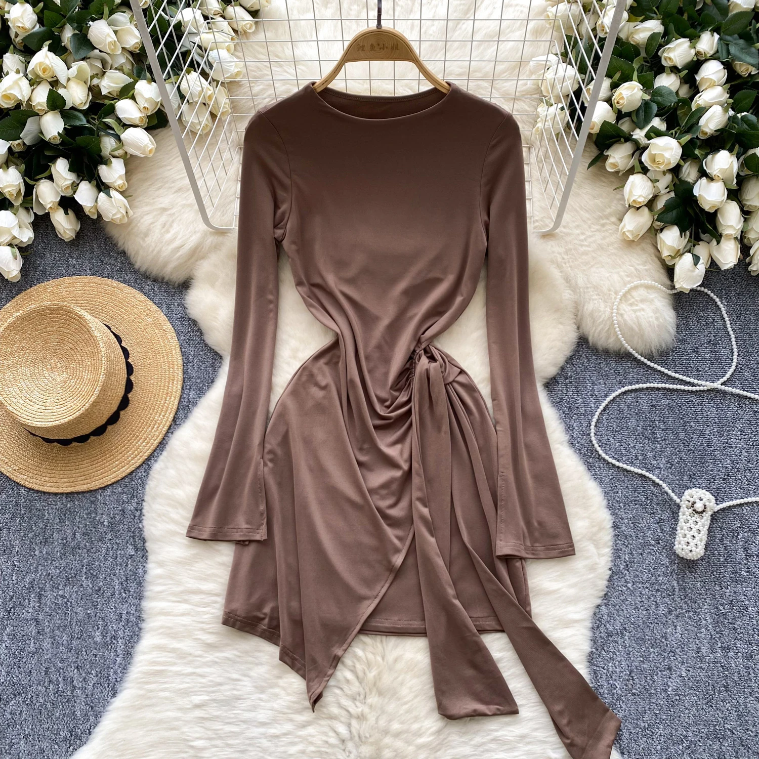 

Female Bandage Asymmetric Hip Dress Winter Long Sleeve Sexy Slim Split Dresses Women Autumn Casual Simple Solid O Neck Dresses