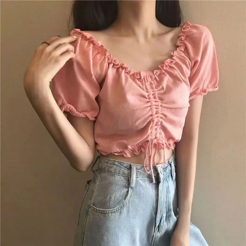 Fashion Blouses Woman Sexy Off Shoulder Crop Top Ruffles Shirt Puff Sleeve Harajuku Tee Shirt Chiffon Youth Elegant Blouse