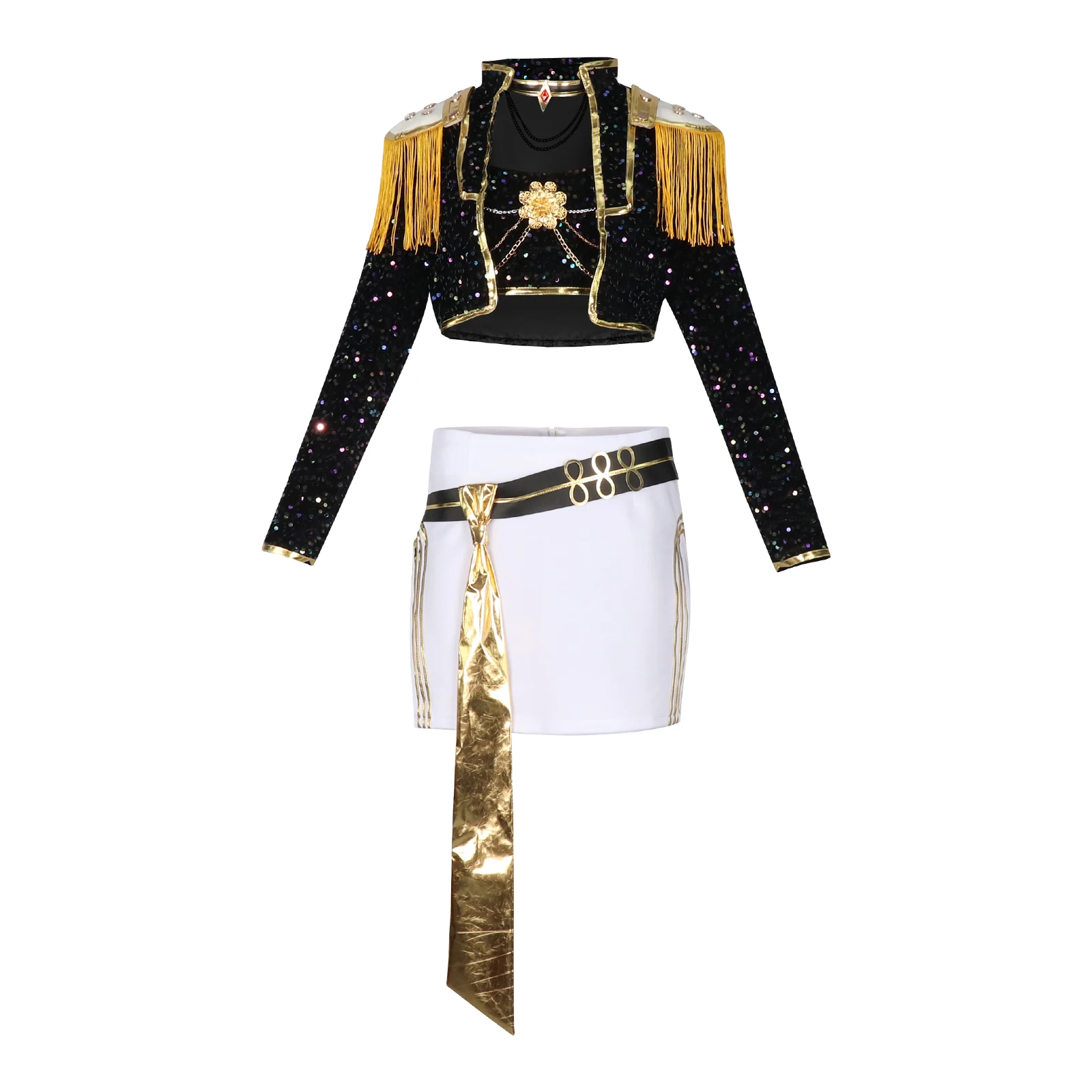 أزياء تنكرية لمجموعة الفتيات باللونين الأسود والذهبي، وأزياء الرسوم المتحركة واللعبة التنكرية لمسرح الهالوين