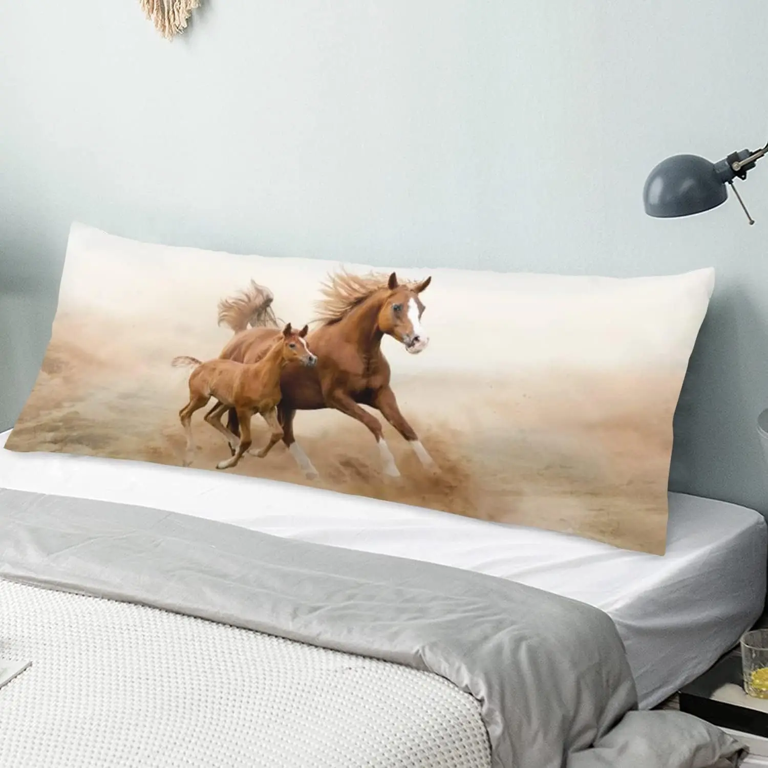 Running Horse in Desert Sand Storm Body Pillow Cover Decorative Soft Bedding Pillow Case Zipper Closure Farmhouse Striped Design